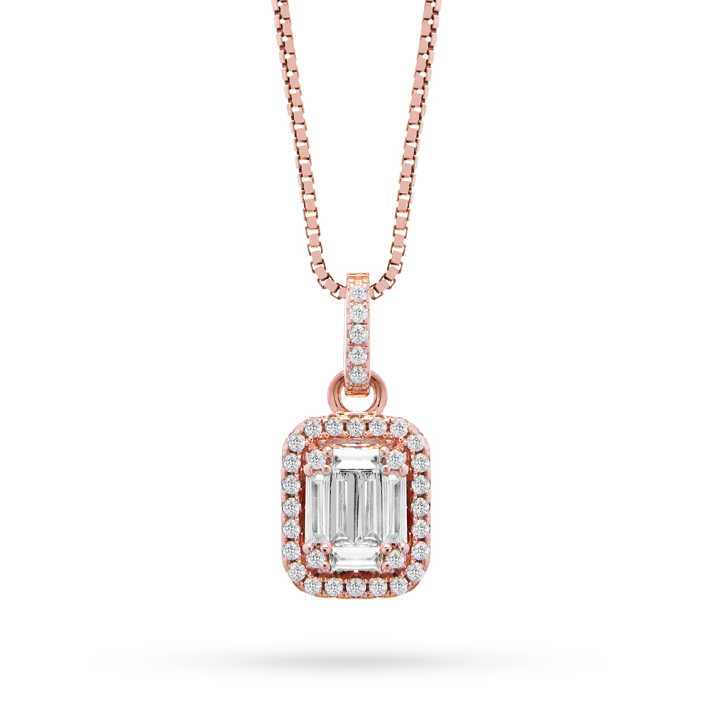 Kristal Taşlı Rose Gold Gümüş Baget Kolye (Altın Kaplama) - N0899R